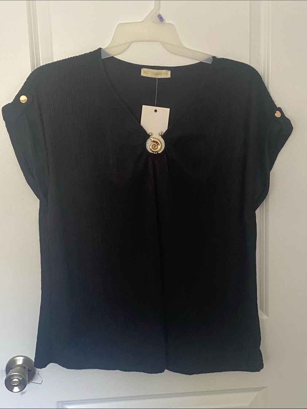 Black Short-Sleeve V-Neck Blouse with Gold Spiral Accent